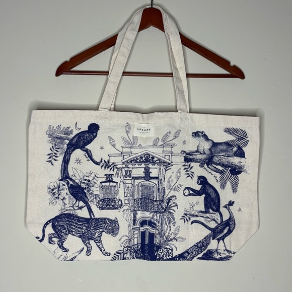Sezane Handbags - Sezane Canvas Animal Print Cream Blue Tote